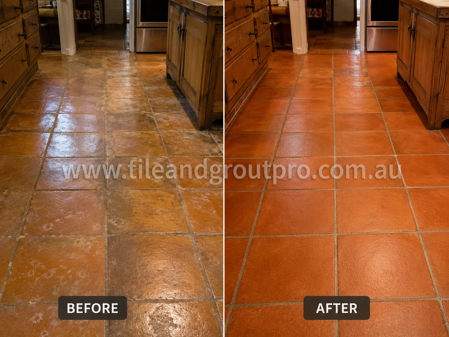 Before-and-after comparison of rustic kitchen terracotta floor tiles with faded sealer, dull patches, and uneven finish before Sealer Stripping.
