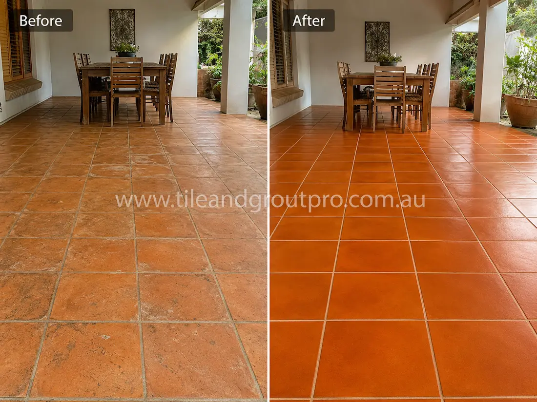  Before tile renewal, terracotta patio tiles beneath an outdoor dining setting appeared faded and weathered with surface staining, worn finish, and discoloured grout lines.