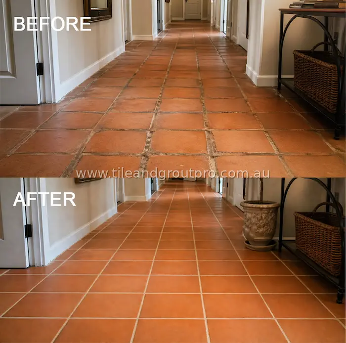 Indoor hallway terracotta tile floor before and after regrouting showing uniform grout lines and cleaner finish
