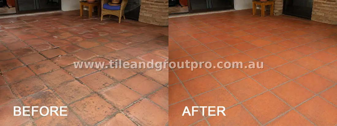 Indoor terracotta floor restoration before and after showing deep cleaning, stain removal, and grout renewal