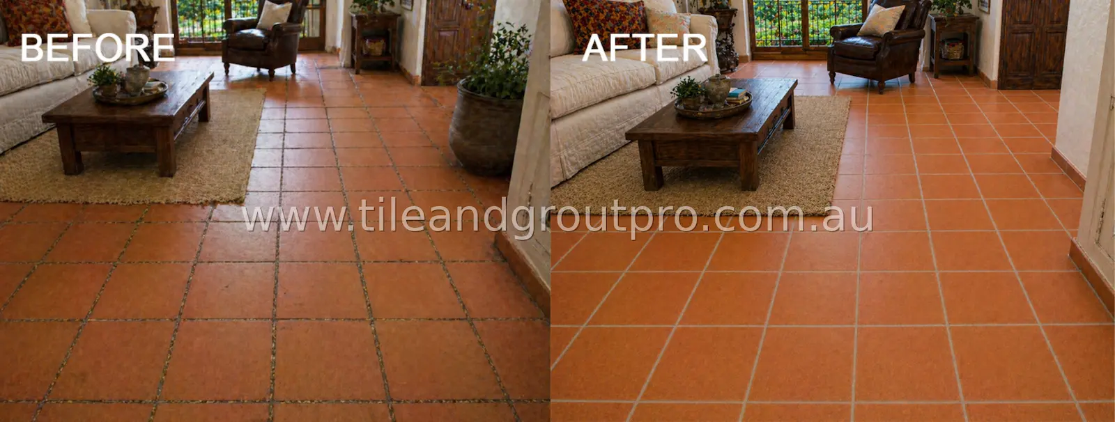 Living area terracotta tiled floor before and after regrouting with clean grout lines and refreshed appearance