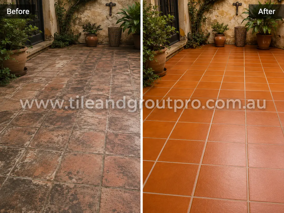 Before tile renewal, terracotta courtyard tiles exhibited weathering, staining, worn protective coating, and uneven colour caused by moisture, dirt, and outdoor exposure.