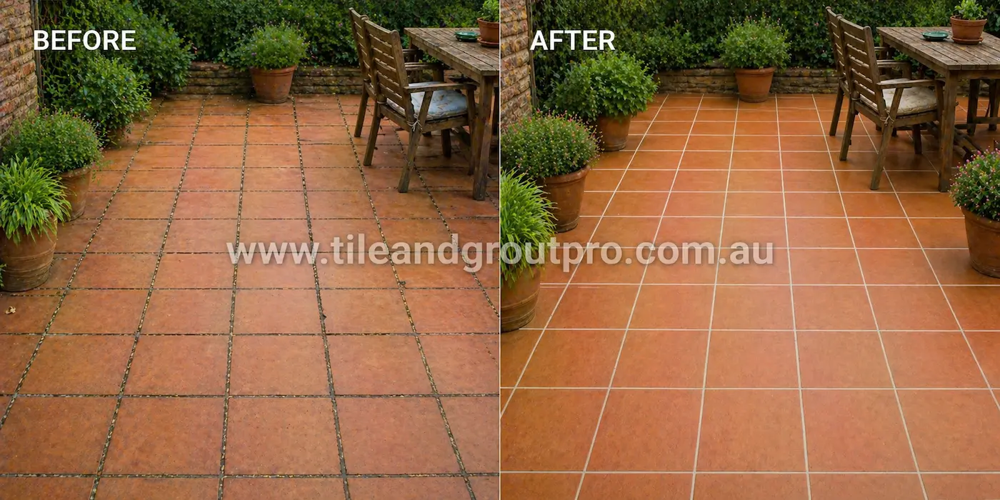 Outdoor patio with terracotta tiles before and after regrouting showing restored grout lines and improved surface finish
