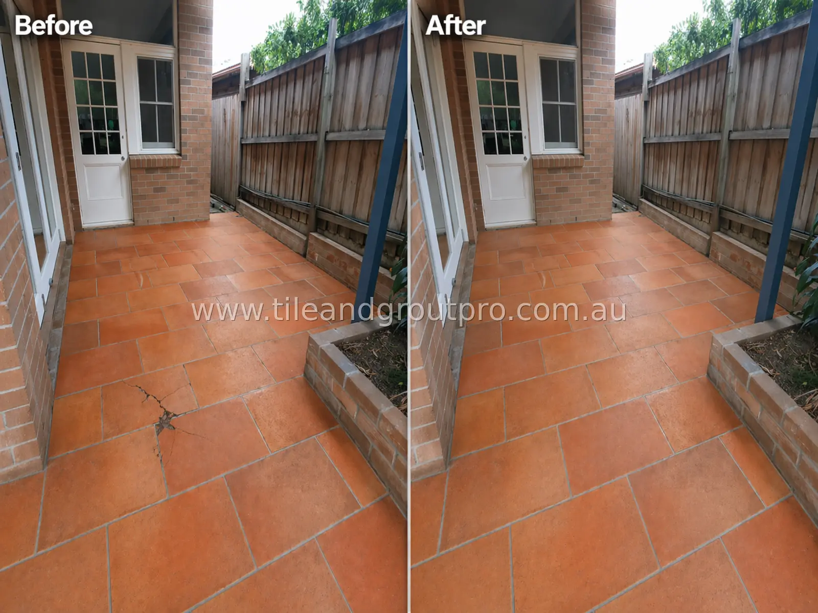 Outdoor patio tiles before and after crack repair showing damaged tiles restored to a clean and even surface