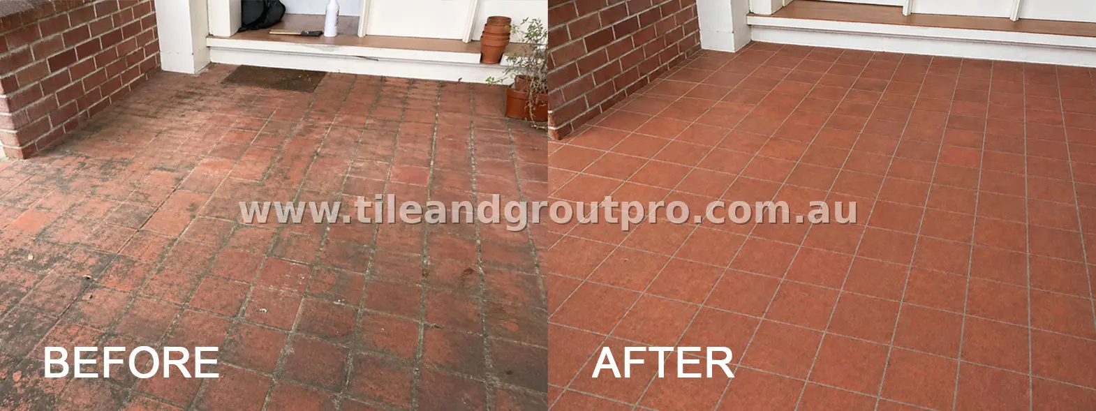 Outdoor terracotta patio restoration before and after cleaning and sealing to enhance color and protect tiles