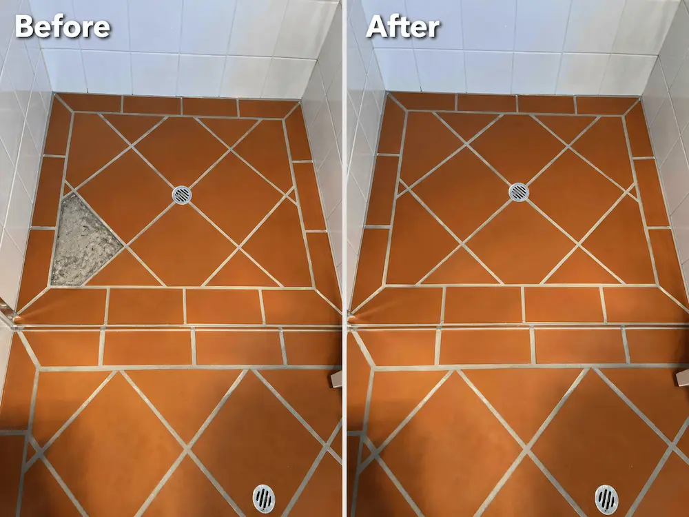 Shower floor tiles before and after repair and regrouting with damaged section replaced and grout lines refreshed
