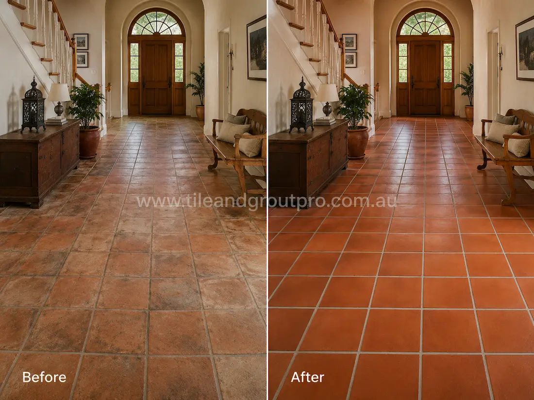 Before tile renewal, terracotta floor tiles in a residential entrance hall showed embedded dirt, surface wear, discoloration, and uneven colouring across the tiled floor leading to the front door.