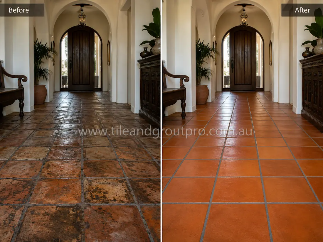 Before tile renewal, terracotta floor tiles in a residential entry hallway showed heavy wear, dark staining, patchy sealant failure, and uneven colouring leading to the front door.