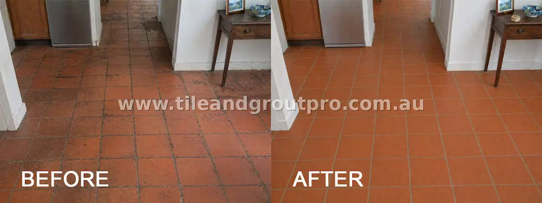 Large terracotta tiled floor restoration before and after deep cleaning and stain removal