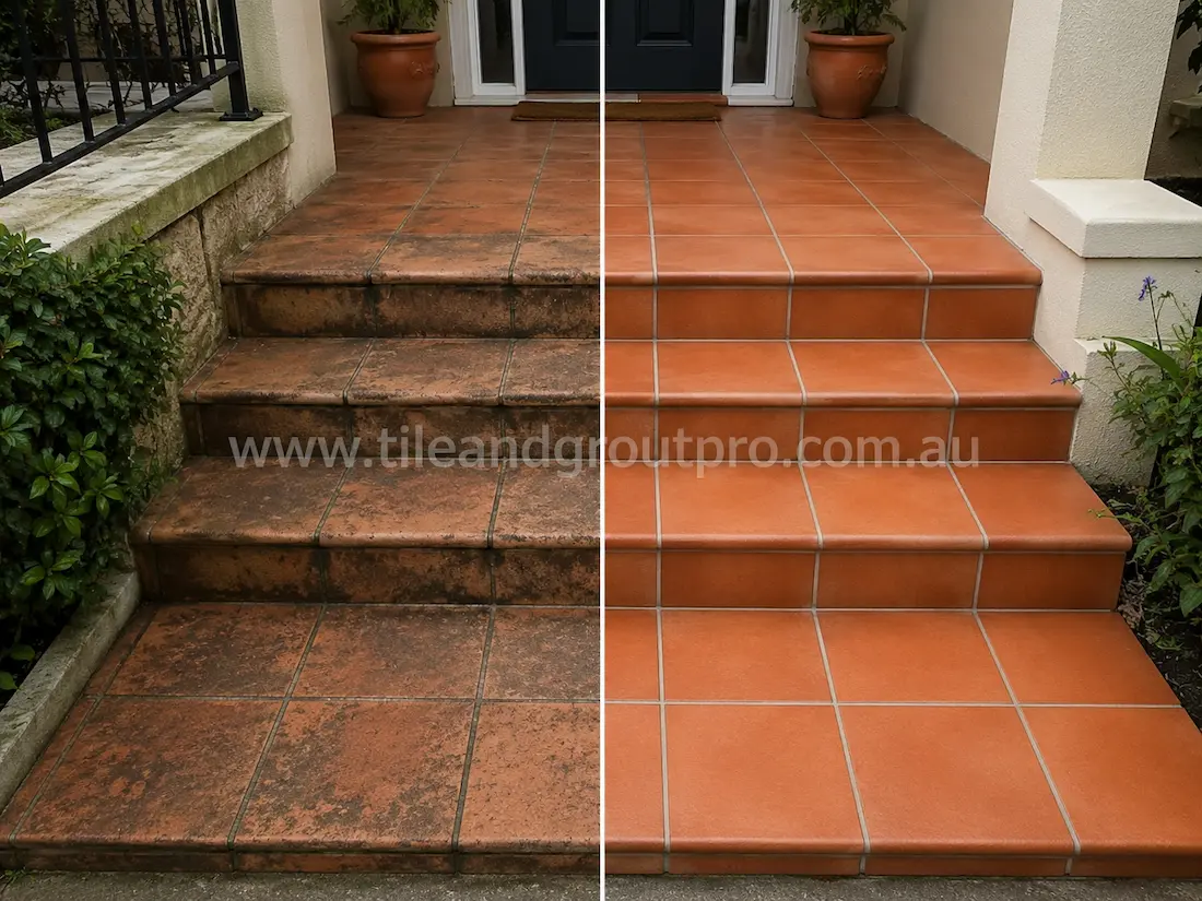 Before tile renewal, terracotta tiles on front entry steps and porch showed heavy surface soiling, black staining, weather exposure, and faded colouring around the residential entrance.