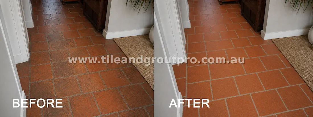 Terracotta hallway floor restoration before and after deep cleaning and grout renewal showing improved color and finish