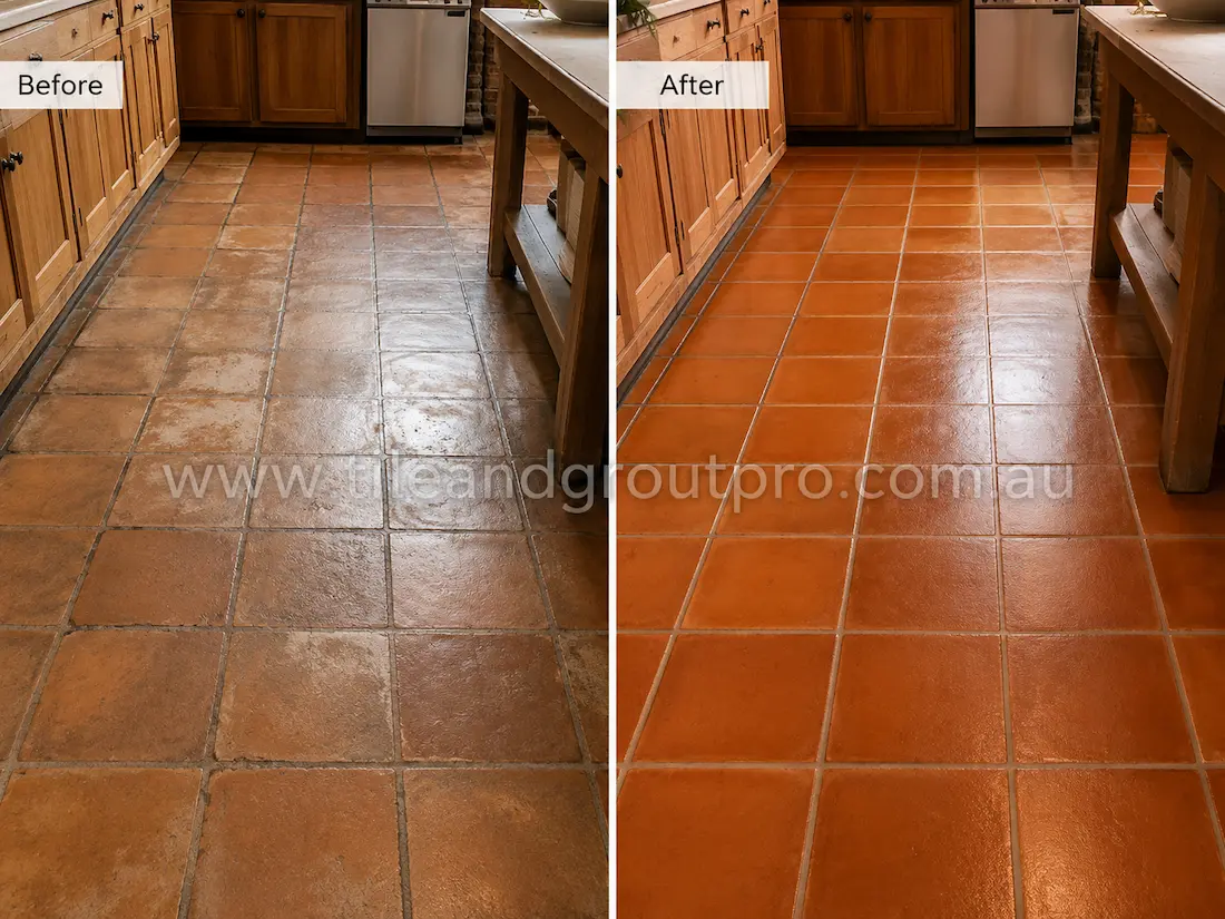 Before tile renewal, terracotta kitchen floor tiles showed grease buildup, surface wear, faded finish, and darkened grout lines in a high-traffic cooking and dining area.