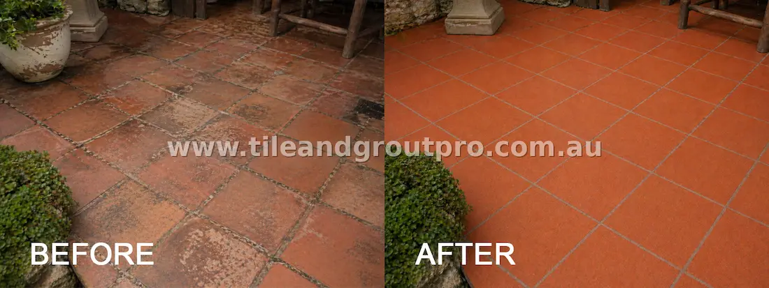 Outdoor terracotta patio restoration before and after pressure cleaning and sealing to remove dirt and stains