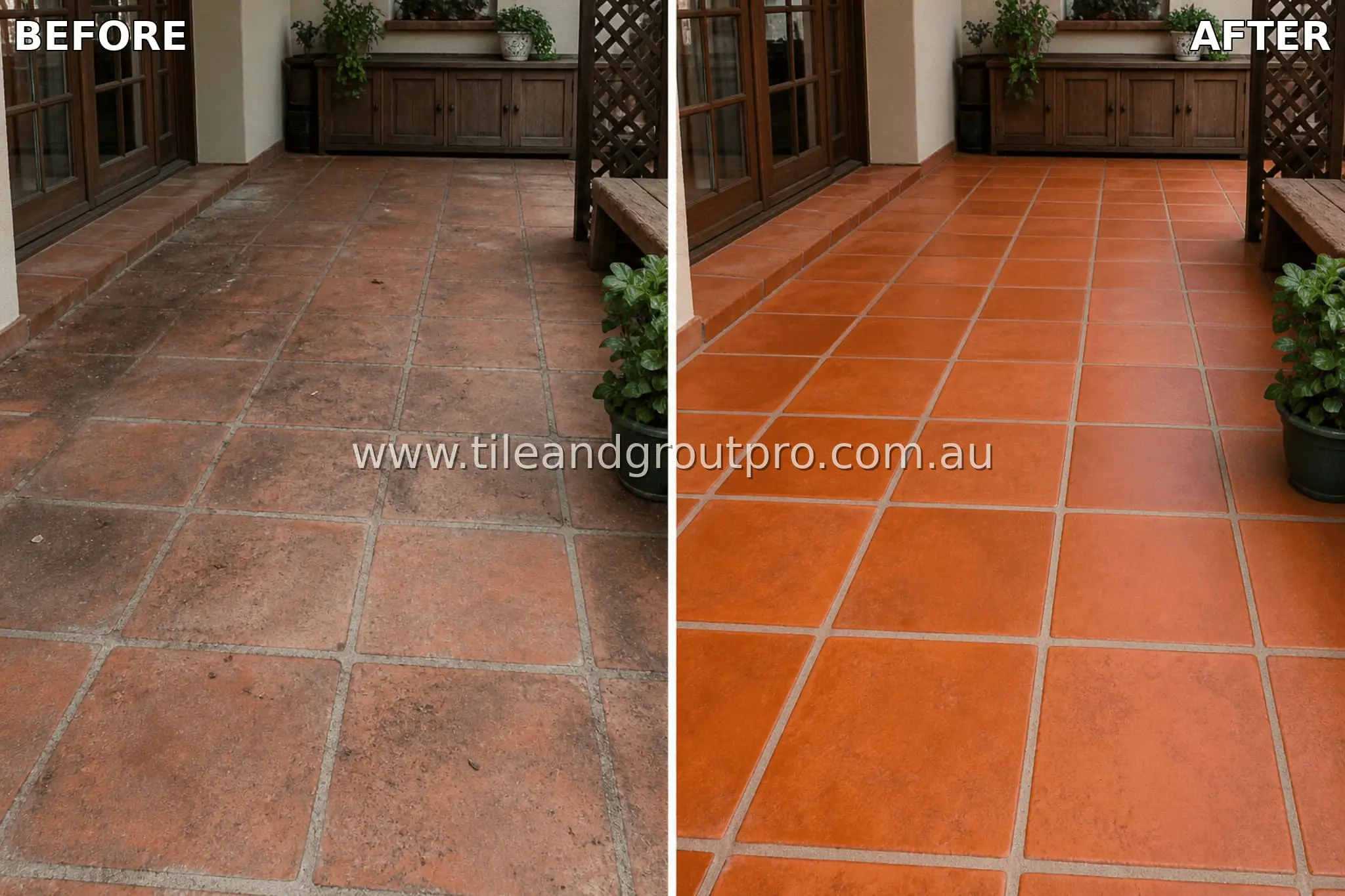 Terracotta tile covered porch entry patio with dirt buildup, dull surface, and darkened grout lines from outdoor exposure before tile and grout cleaning