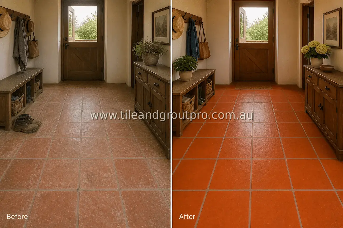 Terracotta tile entryway mudroom floor with tracked-in dirt, dull finish, and stained grout lines from daily foot traffic before tile and grout cleaning