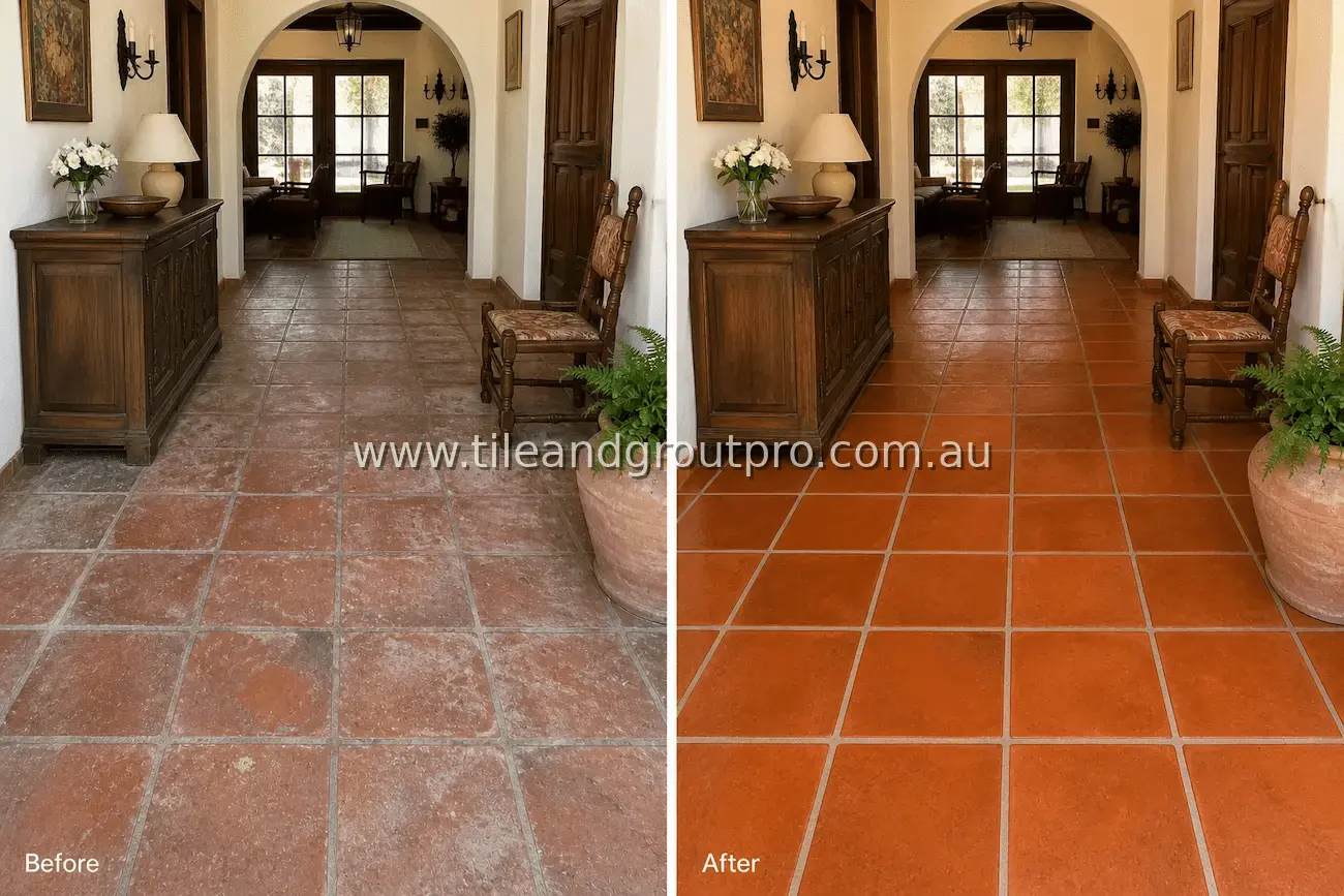 Terracotta tile hallway floor with visible wear, embedded dirt, and faded surface with discolored grout lines before professional tile and grout cleaning