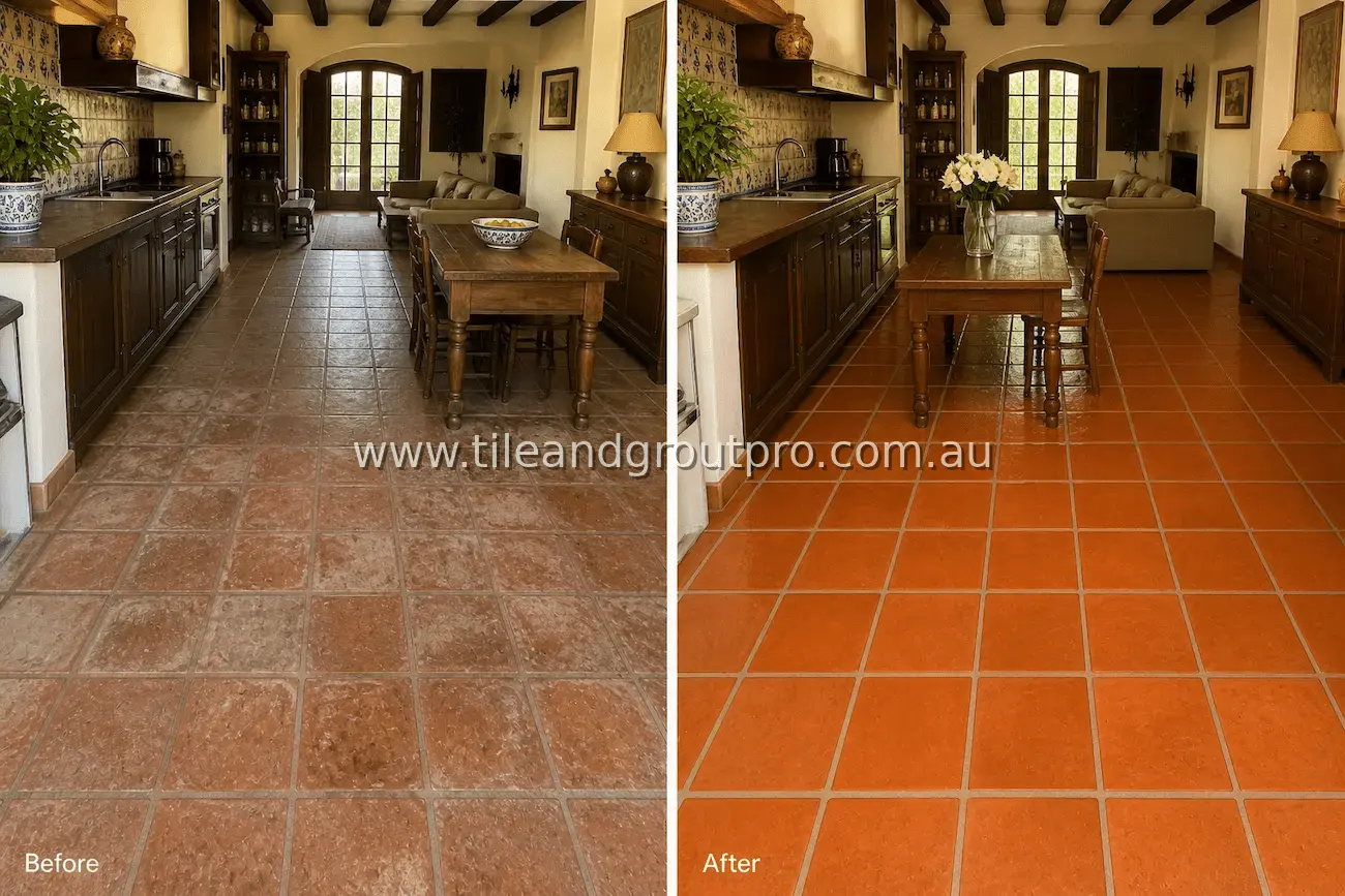 Terracotta tile kitchen and living area floor with grease buildup, surface discoloration, and dirty grout lines before professional tile and grout cleaning
