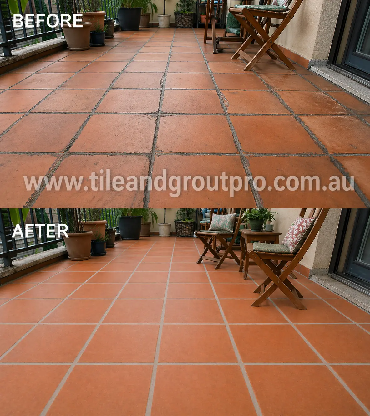 Terracotta tiled balcony before and after regrouting showing clean grout lines and restored tile appearance