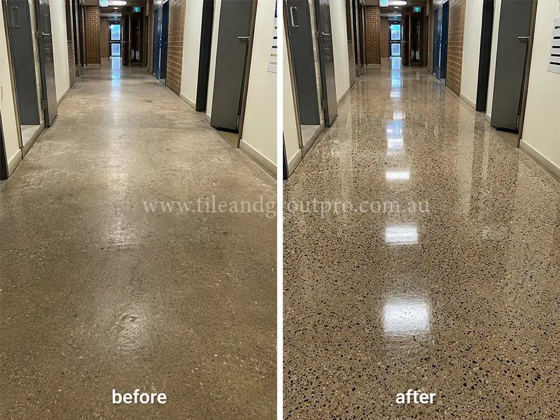 Before tile renewal, the apartment terrazzo corridor floor appeared flat and worn with cloudy polishing and reduced clarity under hallway lighting.