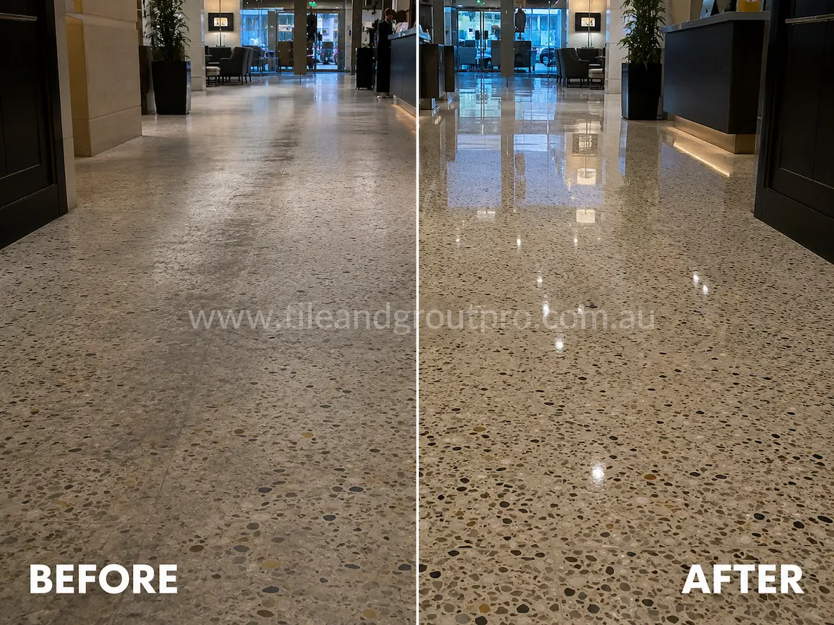 Before-and-after comparison of commercial terrazzo lobby flooring with dull sealer haze, worn traffic areas, and low surface reflection before Sealer Stripping.