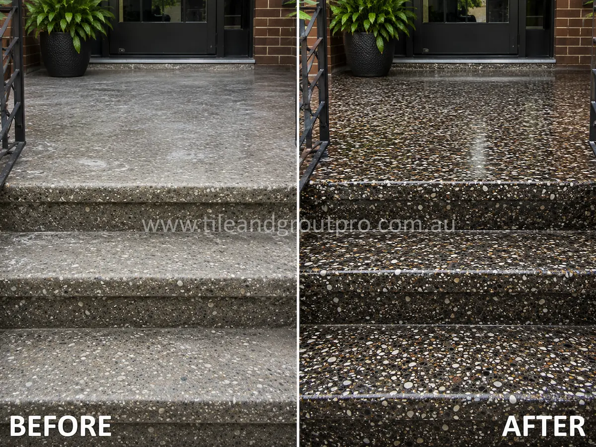Before-and-after comparison of outdoor terrazzo entry steps with weathered sealer coating, dull finish, and muted stone aggregate appearance before Sealer Stripping.