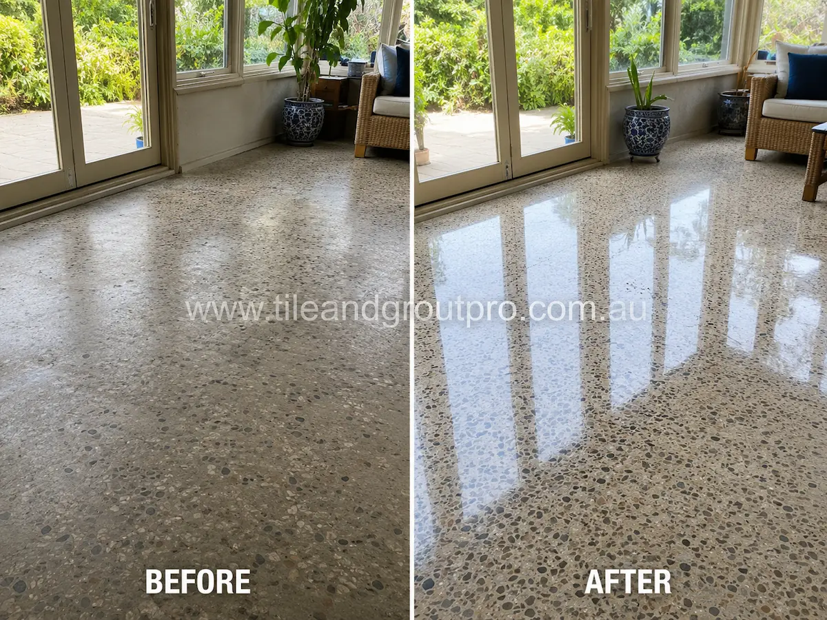 Before-and-after comparison of terrazzo sunroom floor tiles with cloudy sealer buildup, faded aggregate detail, and reduced gloss before Sealer Stripping.