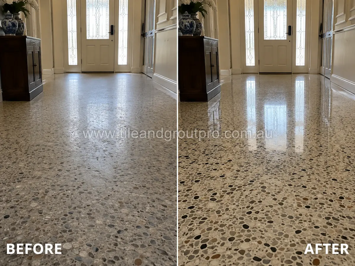 Before-and-after comparison of terrazzo entryway floor tiles with dull sealer buildup, low reflectivity, and cloudy surface appearance before Sealer Stripping.