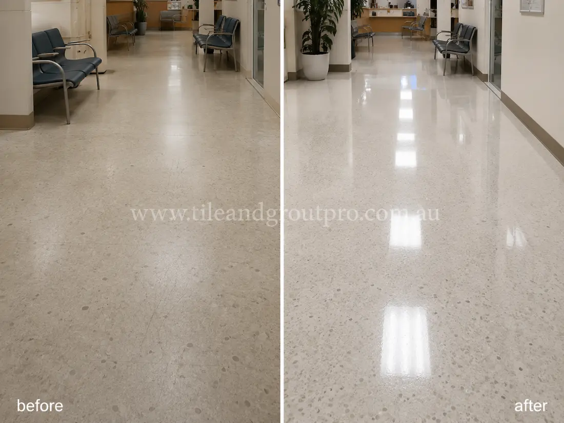 Commercial hallway with terrazzo floor tiles before and after scratch removal, showing worn scratched flooring restored to a bright polished reflective surface.
