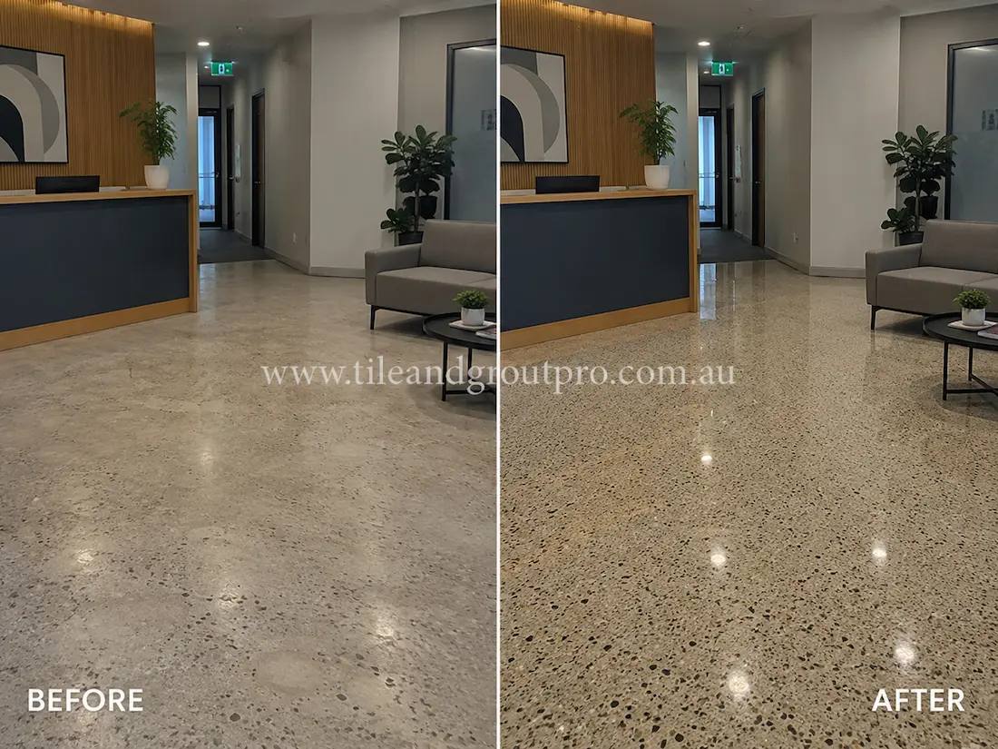 Before tile renewal, the terrazzo reception floor in the office lobby looked flat and lightly scuffed with low reflectivity under interior lighting.