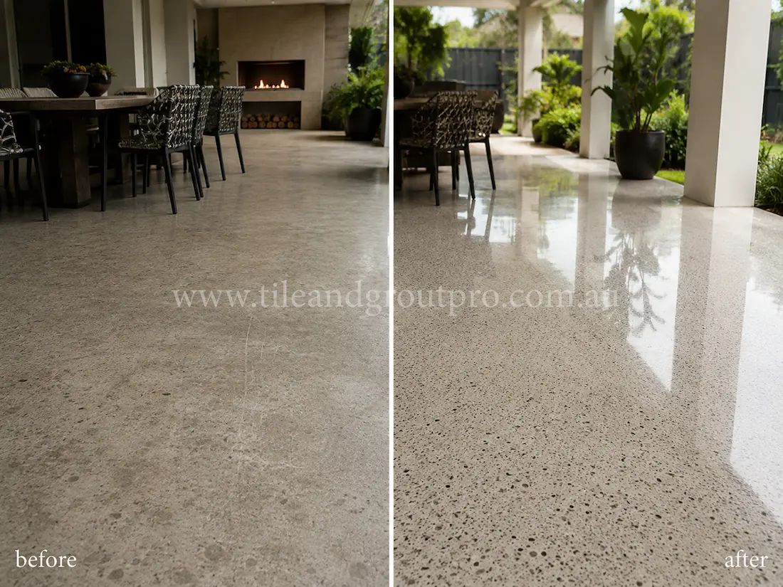 Covered outdoor patio with exposed aggregate concrete flooring before and after scratch removal, showing dull scratched surface restored to a smooth glossy finish near dining and garden areas.