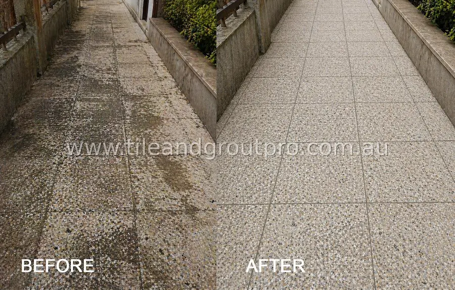 Outdoor terrazzo walkway restoration before and after removing heavy dirt, grime, and restoring clean uniform finish
