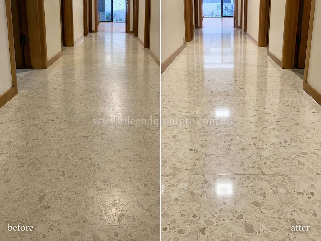 Residential hallway with terrazzo floor tiles before and after scratch removal, showing scratched matte flooring restored to a clean reflective polished finish.