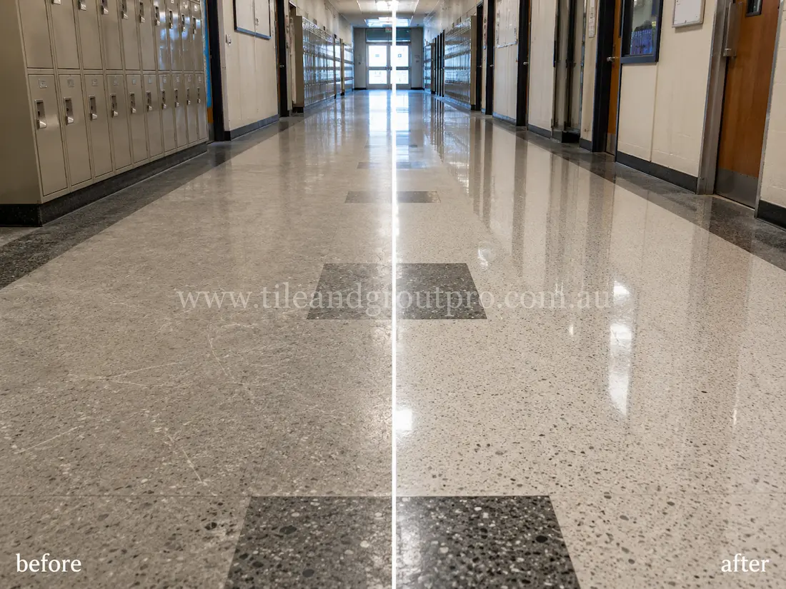 School hallway with terrazzo floor tiles before and after scratch removal, showing scuffed scratched flooring restored to a bright polished reflective finish along lockers and corridors.