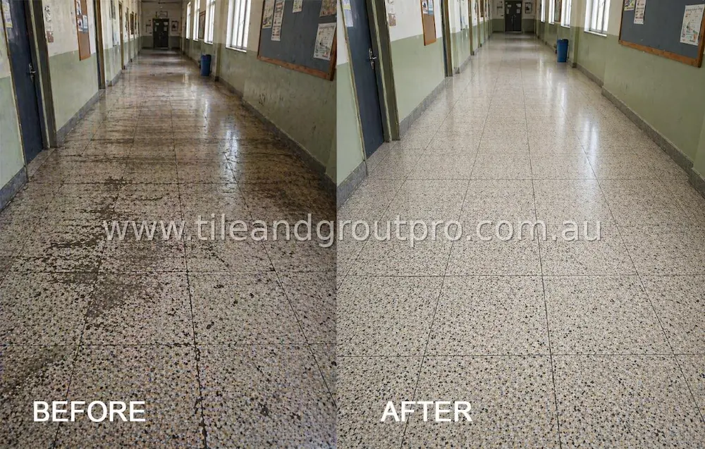 Terrazzo corridor floor restoration before and after removing embedded dirt, stains, and restoring bright polished appearance