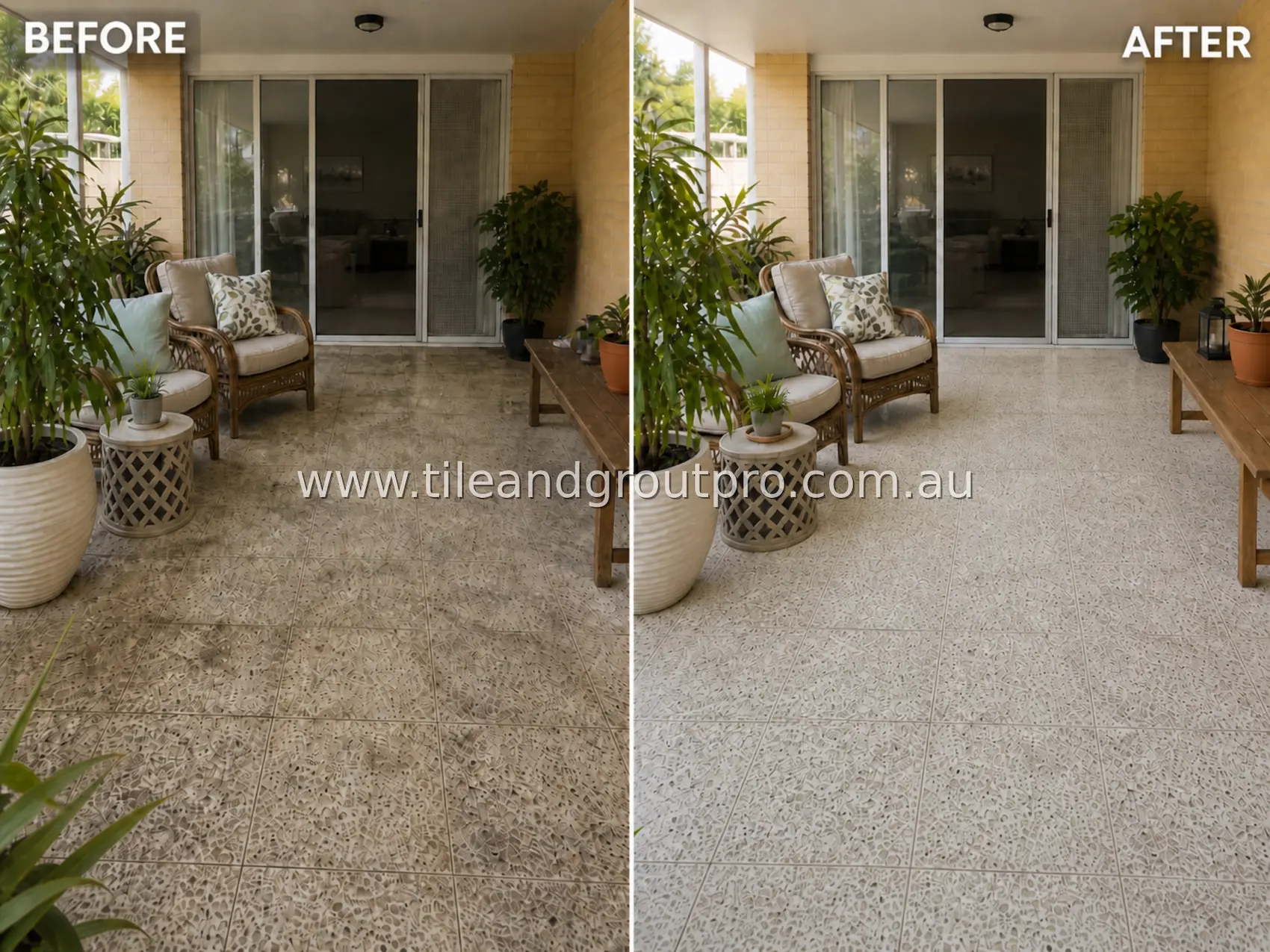 Terrazzo tiles on a covered outdoor patio with embedded dirt, grime, and weather-related staining before tile and grout cleaning