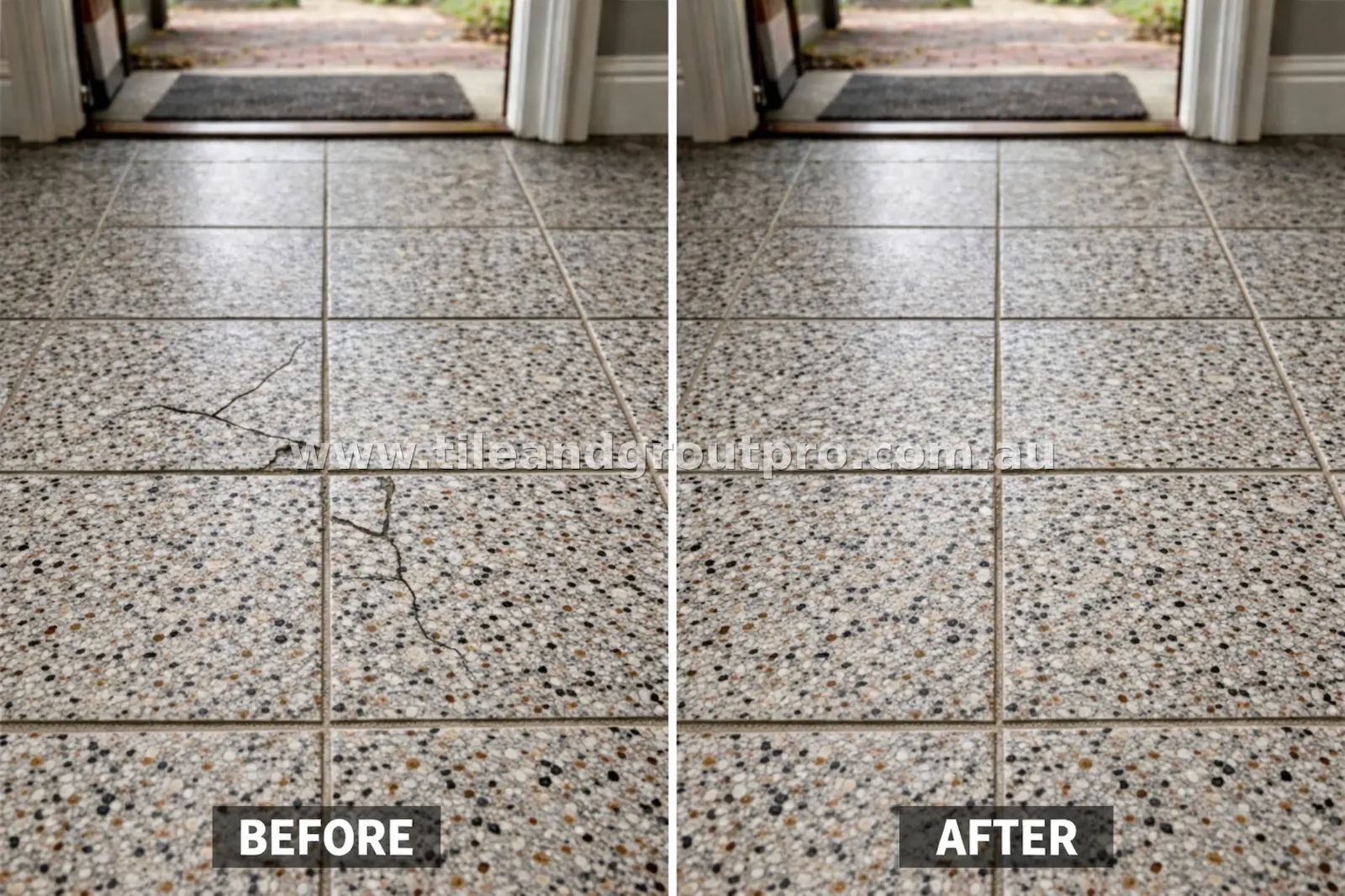 before and after Scratch-Removal terrazzo tile floor