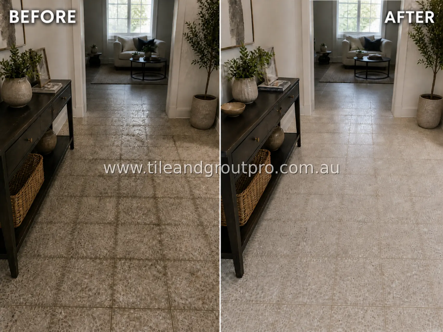 Terrazzo floor tiles in a hallway corridor with visible dirt buildup, dull surface, and darkened grout lines before professional tile and grout cleaning