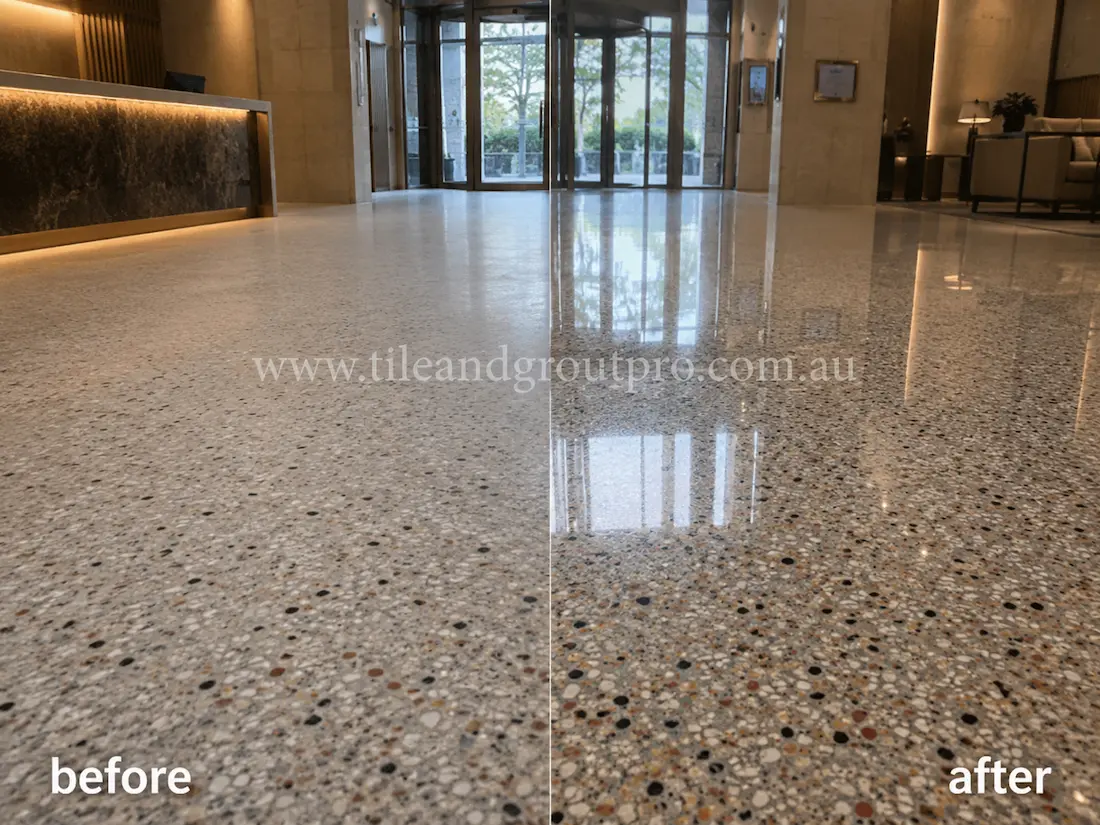 Before stone polishing, the terrazzo hotel lobby floor appeared dull and lightly scuffed with limited shine and reduced aggregate clarity around reception and entrance areas.