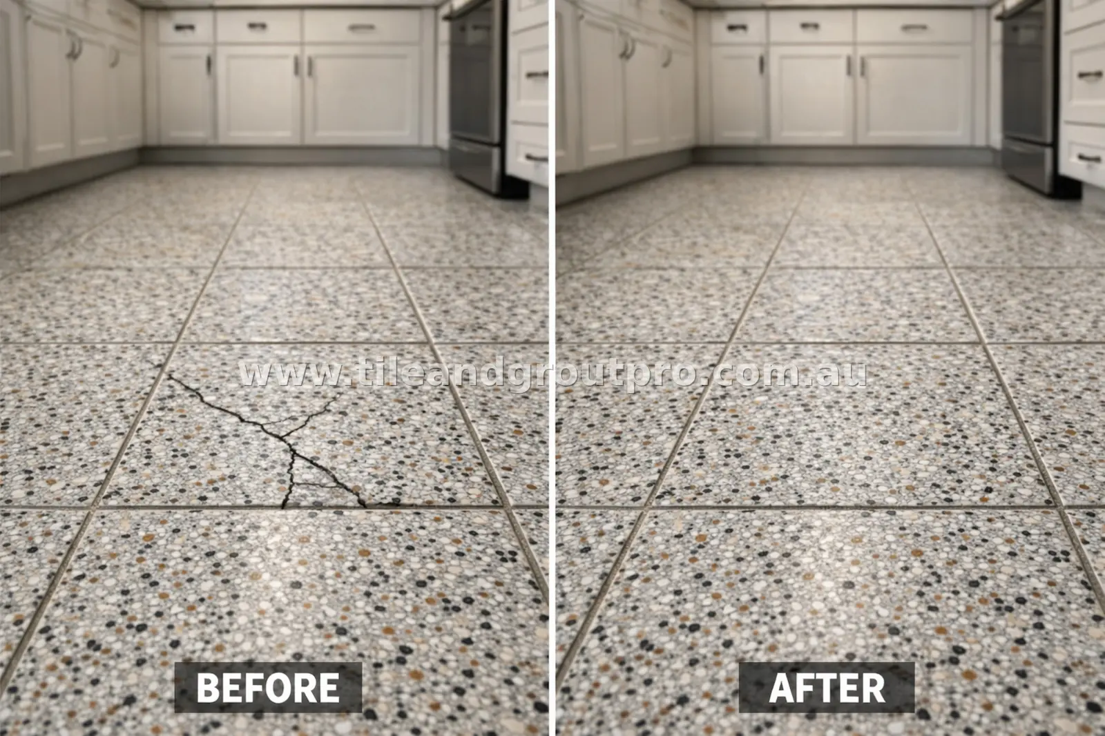 before and after Scratch-Removal terrazzo tile