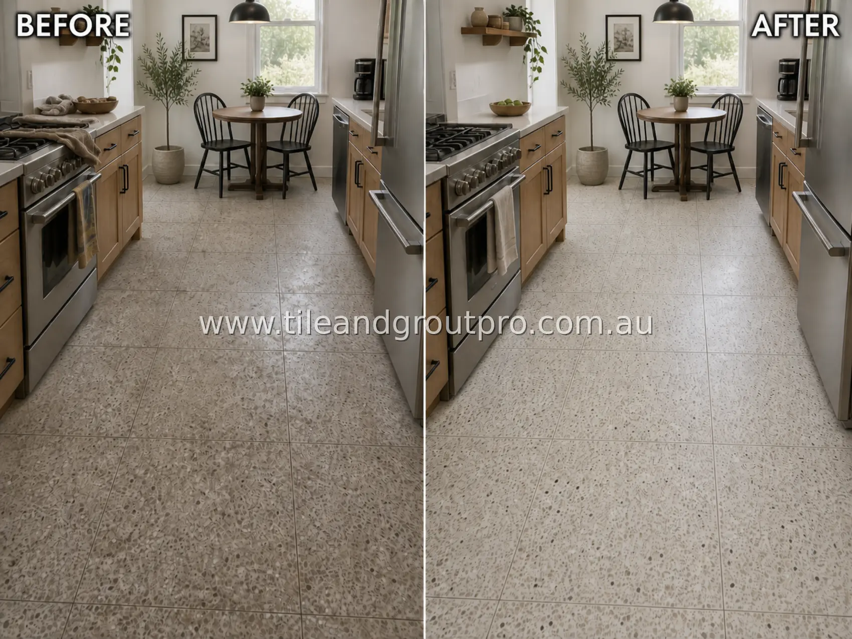 Terrazzo kitchen floor tiles with grease residue, embedded grime, and discolored grout lines before tile and grout cleaning service