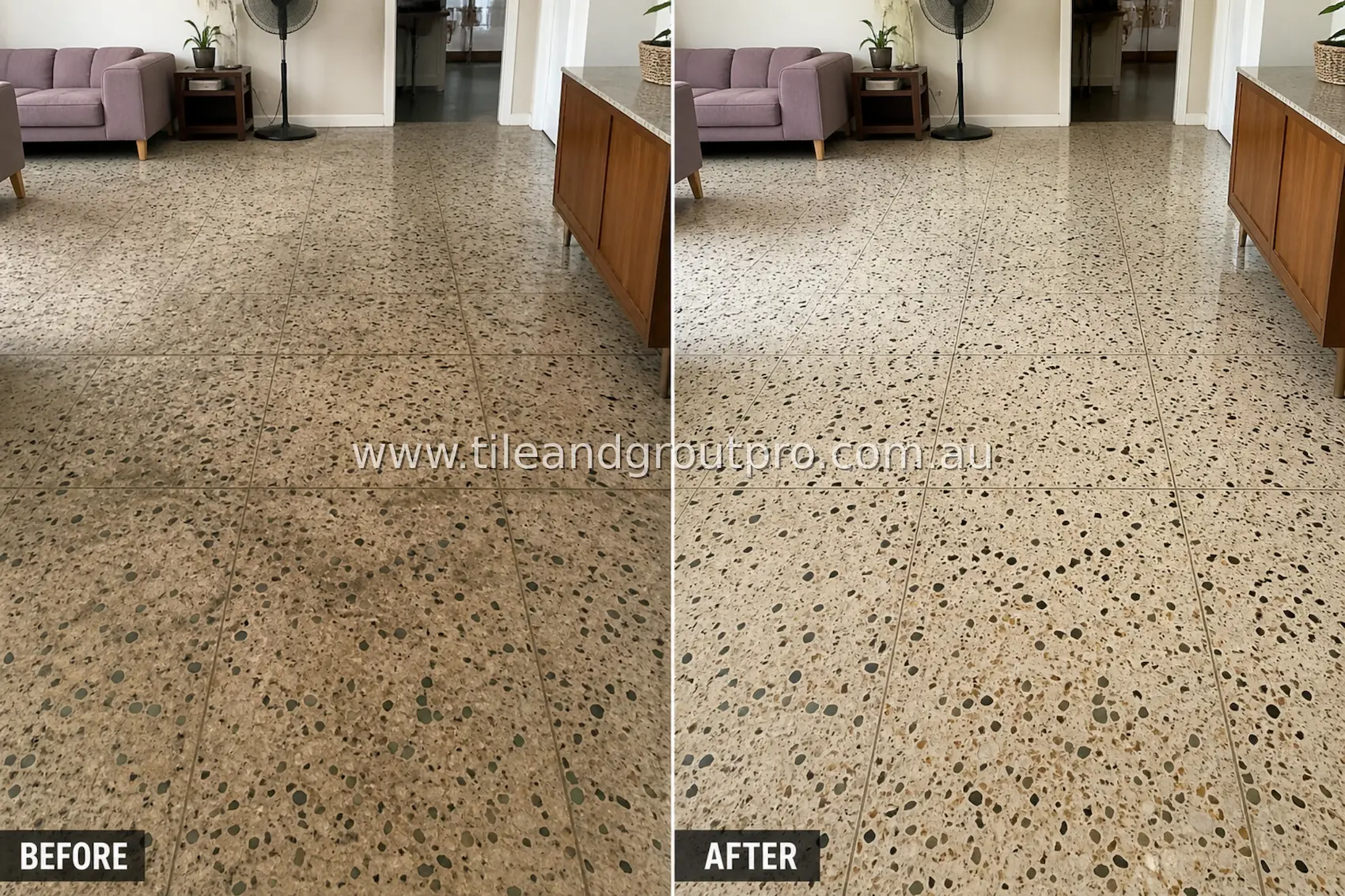 Terrazzo floor tiles in a living room with visible dirt buildup, dull finish, and darkened grout lines before professional tile and grout cleaning