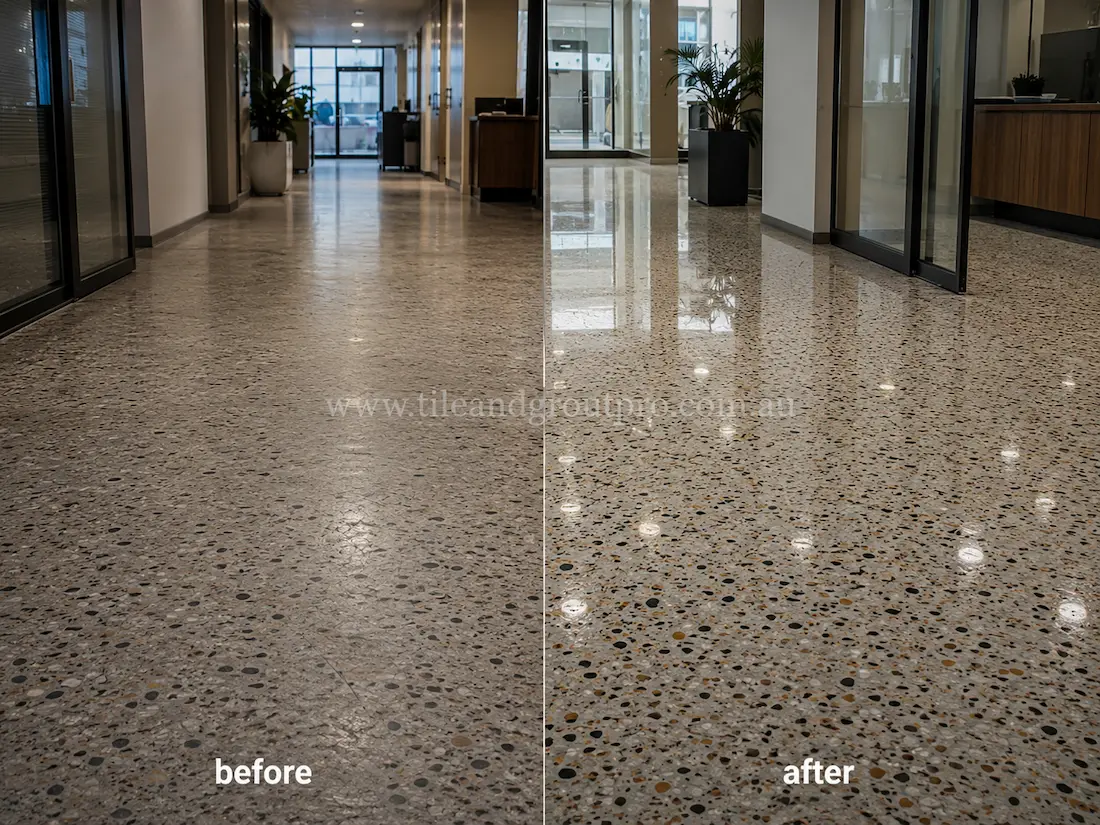 Before stone polishing, the terrazzo office hallway floor tiles had a dull finish with muted aggregate texture and low reflectivity in a modern commercial corridor.