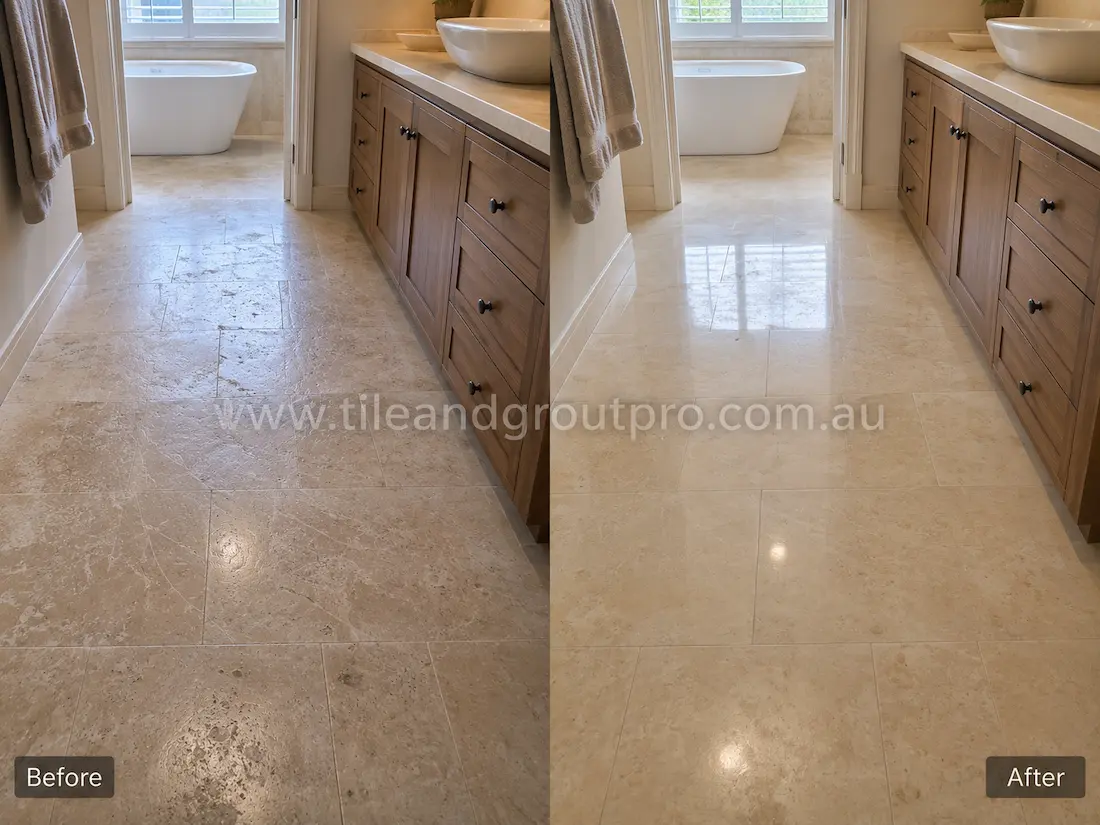 Travertine bathroom floor before grinding, showing dull stone tiles, light scratches, etching, and worn traffic areas beside a timber vanity and freestanding bathtub.