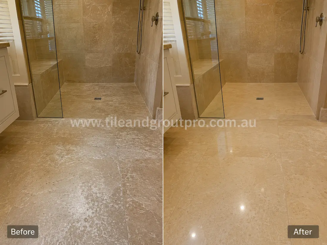Travertine bathroom shower floor before grinding, showing soap residue, dull stone tiles, light etching, and worn finish across the shower and bathroom flooring.