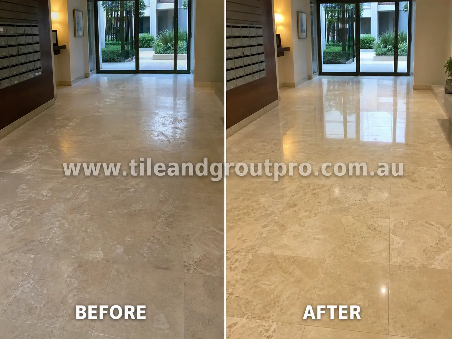 Before-and-after comparison of apartment lobby travertine floor tiles with dull sealer residue, patchy haze, and worn surface finish before Sealer Stripping.