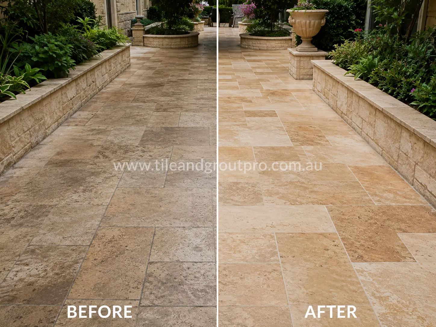 Before-and-after comparison of outdoor garden path travertine pavers with worn sealer coating, darkened patches, and surface haze before Sealer Stripping.