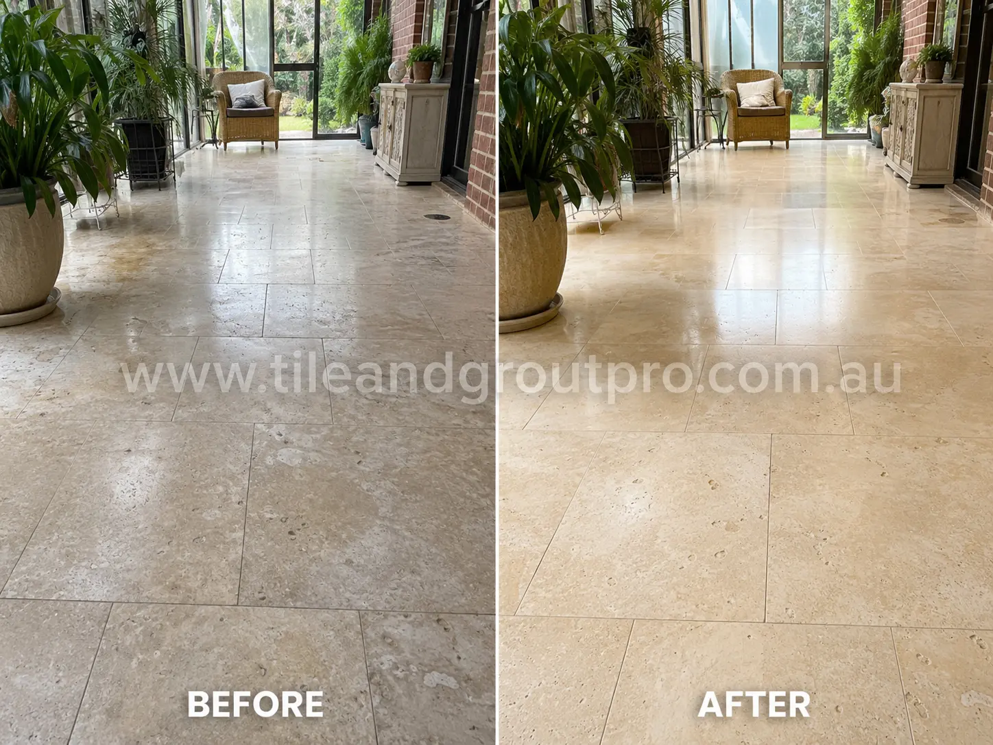 Before-and-after comparison of indoor sunroom travertine floor tiles with dull sealer haze, patchy surface buildup, and uneven finish before Sealer Stripping.
