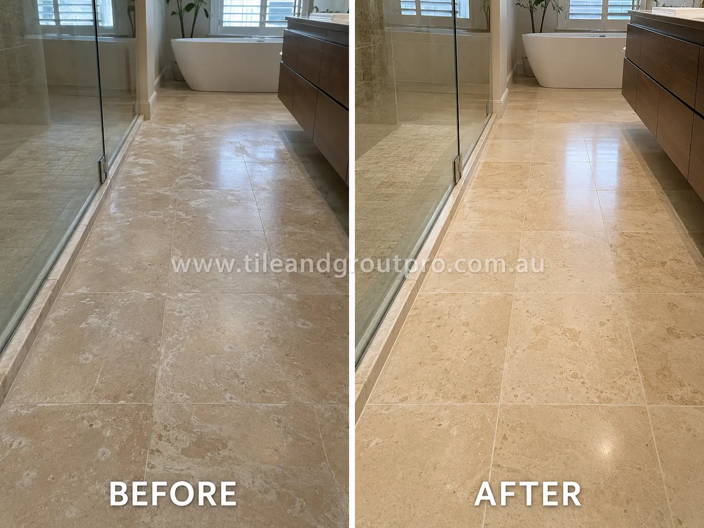 Before-and-after comparison of modern bathroom travertine floor tiles with faded sealer, patchy haze, and dull surface finish before Sealer Stripping.
