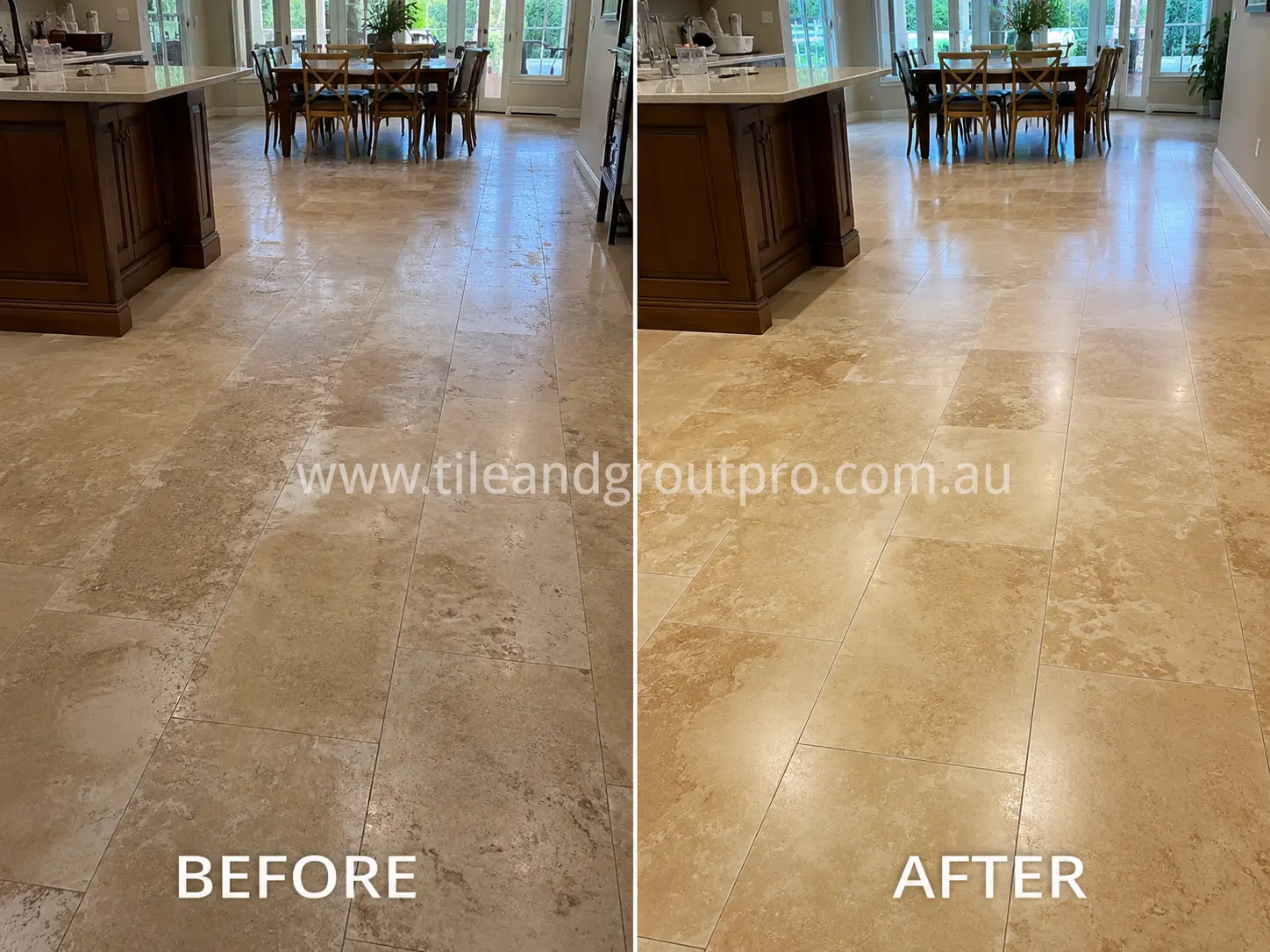 Before-and-after comparison of open plan kitchen travertine floor tiles with uneven sealer coating, dull patches, and cloudy surface appearance before Sealer Stripping.