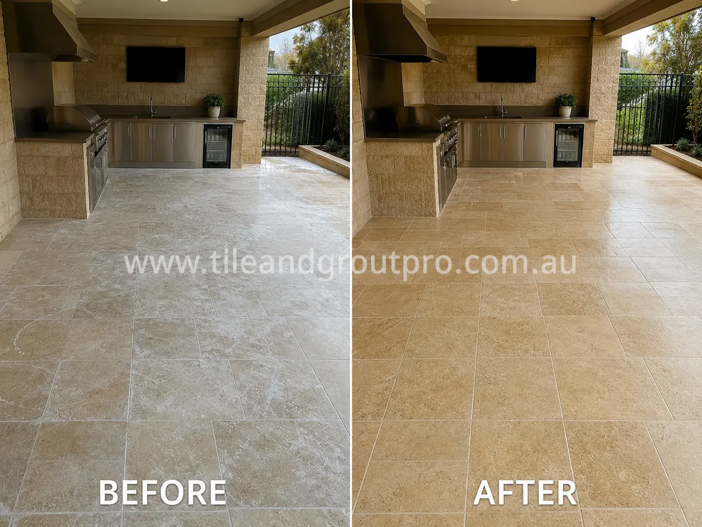 Before-and-after comparison of outdoor BBQ area travertine floor tiles with cloudy sealer buildup, dull finish, and uneven coloration before Sealer Stripping.